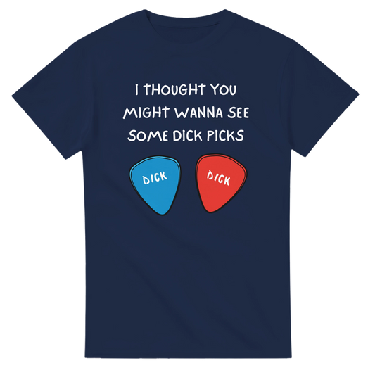 I Thought You Might Wanna See Some Dick Picks™ funny guitar graphic T-shirt displayed on a black heavyweight cotton tee.